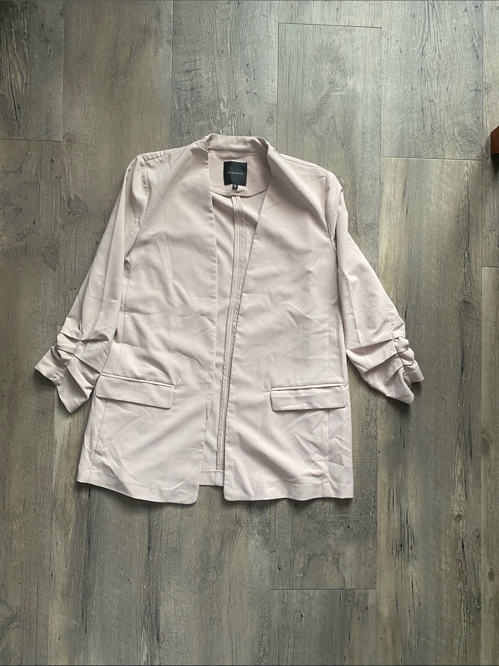 Dynamite Blush Open-Front Ruched Sleeve Blazer